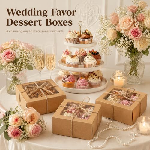 Eorbow 40 Pack Brown Bakery Boxes with Window and Dividers, 6 x 6 Inch Mini Pastry Boxes with 4 Compartments, Kraft Treats Gift Boxes with Inserts, Cupcake Packaging Containers for Pastries Biscuits
