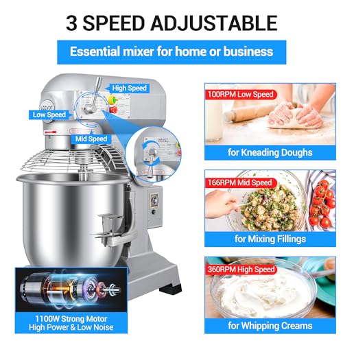LEEVOT 20Qt 1100W Commercial Food Mixer, Commercial mixer 3-Speed Adjustable Heavy Duty Stand Mixer with Stainless Steel Bowl for Bakery Pizzeria. - size: 20QT+Timer