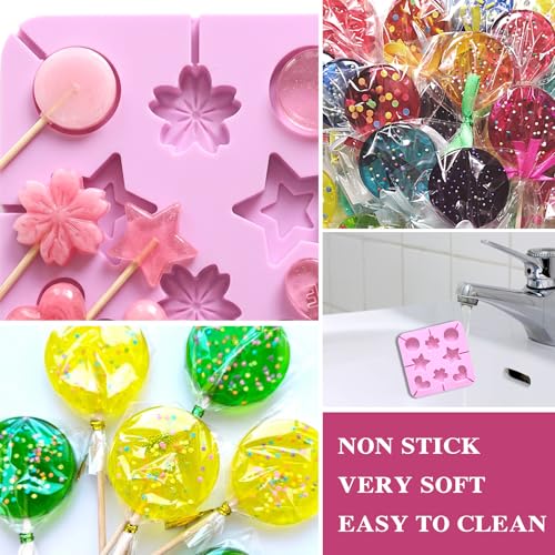 8 Capacity Silicone Lollipop Molds,Hard Candy Chocolate Sucker Mold with 2pcs 3.15 inch Lollypop Sucker Sticks,Candy Treat Bags,Gold Ties - color: 2p