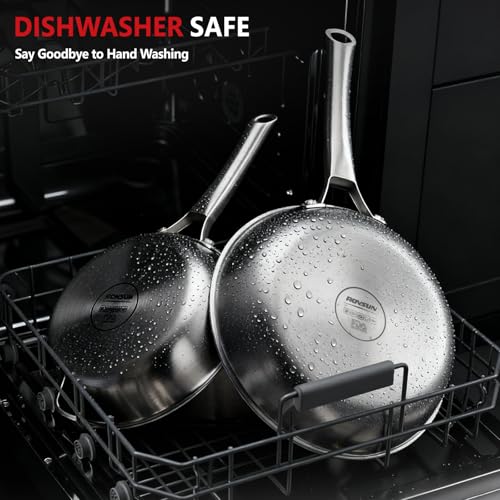 ROVSUN 8-10-12 Inch Stainless Steel Cookware Set, Tri-Ply Skillets Set with Lids, Full Clad Stainless Steel Chef's Pan, PFOA & PTFE Free Skillets, Compatible for All Cooktops, Dishwasher & Oven Safe - size: 5-Pieces Skillet with Lids