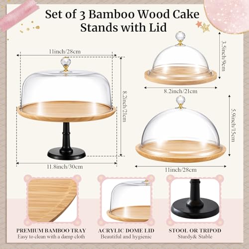 Lallisa 3 Set Bamboo Cake Stand Set with Acrylic Dome Covers