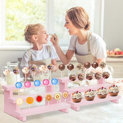 Wood Cake Pop Stands, 3 Tier Lollipop Holders with Twist Ties Lollipop Sticks, Sucker Display Riser for Dessert Table of Wedding Birthday Party (Pink-2P-17 Hole) - color: Pink-2P-17 Hole