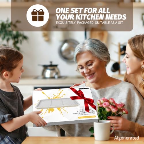 Nonstick Ceramic Baking Sheet with Rack, 2-Pack 13x9 Quarter Sheet Pan,(External 10x14), Non-Toxic PTFE & PFOA Free Warp-Free Oven Safe 550°F Dishwasher Safe, Aluminized Steel, Gray Yellow - size: 2-Pack Small 9" x 13"