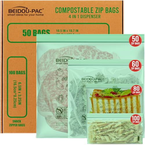 BEIDOU-PAC Compostable Combo Storage Zip Bags, 290 Count Resealable Variety Pack with Organizer, Reclosable Biodegradable Eco-Friendly Compost Snack, Sandwich, Quart, Gallon Assorted Size Bags - style: Zip | Variety Pack | 290 count