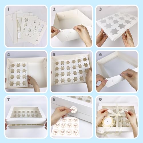 MUMULULU 6PCS Mini Cupcake Box Holds 24 Mini Cupcakes White Bakery Boxes with Window Silk Ribbon Sticker included