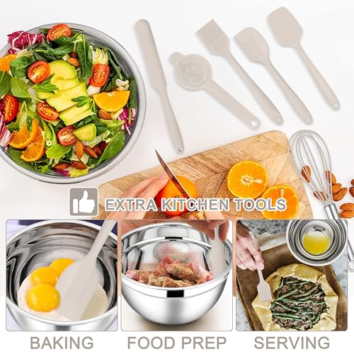 E-far Stainless Steel Mixing Bowls, 21PCS Mixing Bowls with Airtight Lids - color: Khaki, size: 7 Large Sizes