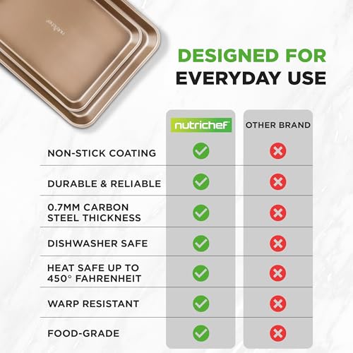 NutriChef 2-Piece Nonstick Stackable Cookie Sheet Set – Non-Toxic Carbon Steel Baking Pans – Heavy Duty, Warp-Resistant, Easy to Clean, Oven & Dishwasher Safe Bakeware - color: Champagne Gold