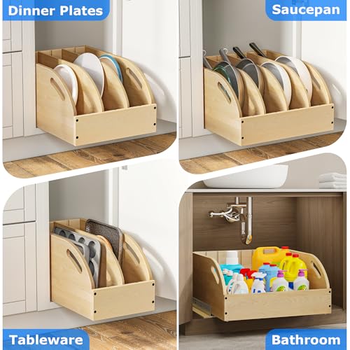 WelFurGeer Birchwood Pot and Pan Organizer with Soft-Close Drawer, Pull Out Cabinet Organizer, Heavy-Duty Slide-Out Storage for Baking Sheets, Cutting Boards, and Kitchen Utensils - size: 17"W X 21"D