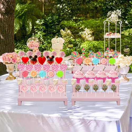 Wood Cake Pop Stands, 3 Tier Lollipop Holders with Twist Ties Lollipop Sticks, Sucker Display Riser for Dessert Table of Wedding Birthday Party (Pink-2P) - color: Pink-2P