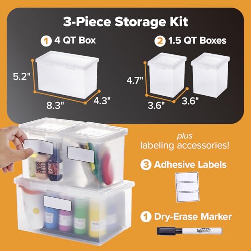 Bostitch Konnect Storage Containers with Lids, Clear Plastic Box, Stackable for Crafts, Home, and Office Organization, Labels, 3-Piece (1 4 Qt Box, 2 1.5 Qt boxes) - size: 4 Qt 1 Pack, 1.5 Qt 2 Pack