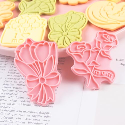 Mother‘s Day Cookie Cutters, 8Pcs 3D Plastic Cookie Molds Thank You Rose Tulip Shape Biscuit Cutters for Mother's Day or Birthday Party Baking Cutting Tool(E8) - color: E8