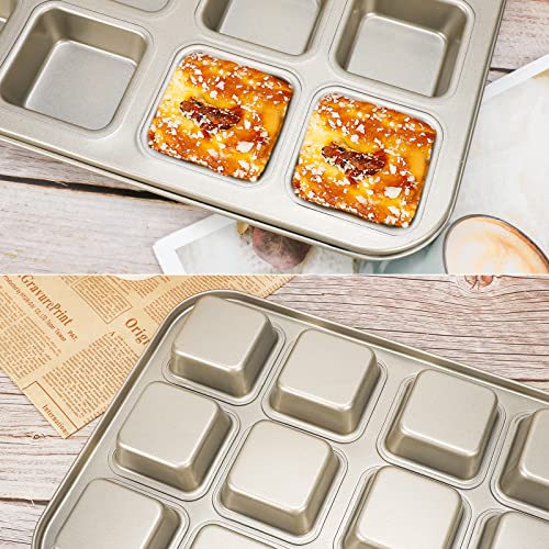Beasea Brownie Pan with Dividers, 2 Set Gold All Edges Square Cupcake Brownie Pans 12 Mini Cavity Non Stick Baking Carbon Steel Bread Mold Small Edge 3x4 Individual Cutter Sheet Tray for Cake Oven - color: Gold Brownie