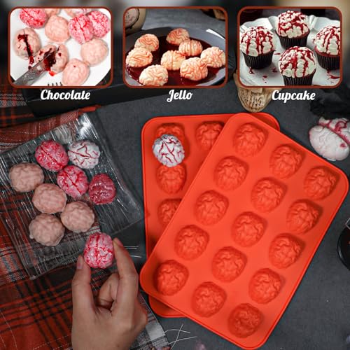 Webake Brain Chocolate Mold, Bite Size Halloween Brain Silicone Molds 15-Cavity for Halloween Plaster, Chocolate, Candy, Jello, Cupcake, Treats, Pack of 2 - style: Brain