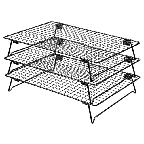 3-Tier Stackable Cooling Rack for Cooking and Baking, 17" x 11" Large Black Wire Cooling Rack, Foldable & Heavy Duty Cookie Cooling Rack, Oven Safe Baking Rack