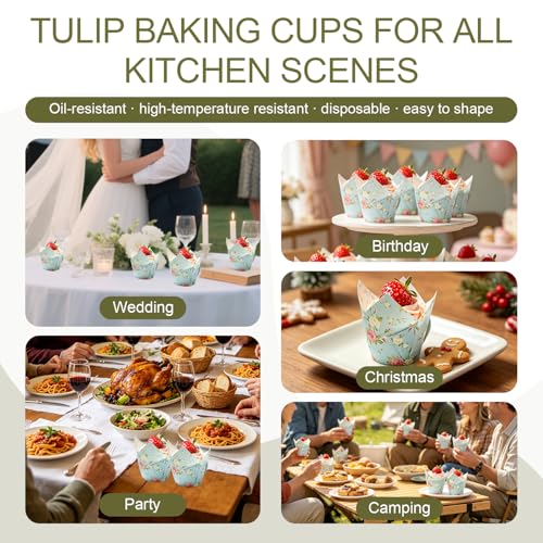 200Pcs Tulip-Shaped Cupcake Liners, 4 Colors, 3.2×2 Inches