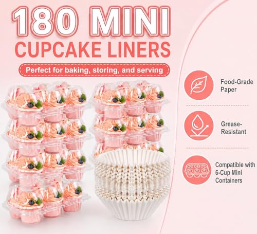 Mini Cupcake Container Boxes Holder - 6 Counts Carrier with 200 Pack Liners