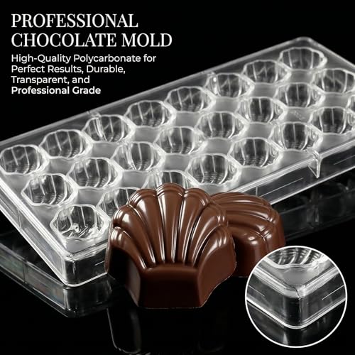 24 Cavity Scalloped Shell Polycarbonate Chocolate Mold, 15g Professional PC Candy Mould for Praline Bonbon Confectionery Baking