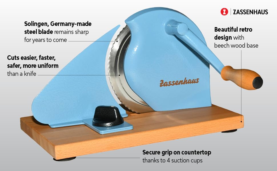 Zassenhaus Original Classic Adjustable Bread Slicer for Uniform Slices - Bread Slicer for Homemade Bread - 18/8 Stainless Steel Blade Sourdough Cutter -Pastel Blue, 11.75" x 8" - color: Pastel Blue, size: 11.75" x 8" x 4.7"