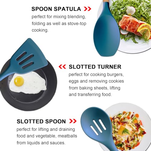 Silicone Cooking Utensils Set 6Pcs Heat Resistant Silicone Kitchen Utensils Set for Cooking Spatula Spoon Turner Ladle w Wooden Handle, BPA FREE Kitchen Gadgets for Nonstick Cookware & Baking - color: Blue, size: Standard 6-Piece Set