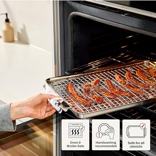 All-Clad Stainless Steel Half-Sheet Baking Pan 13" x 21" with Cooling Rack - Tri-ply Bonded for Consistent Baking- (Roast, Bake Cookies, Brownies and More) Professional Stainless Steel Bakeware - size: 2Pcs Half Sheet Pan & Cooling Rack Set(13" x 21")