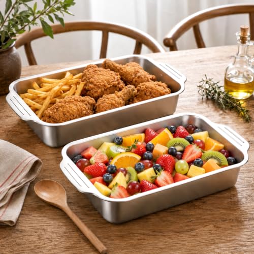2 Pack 9 x 13 Inch Baking Pan with Handle Stainless Steel 3 Inch Deep Rectangular Cake Pan for Casseroles, Brownies & Roasting, Rectangle Baking Bakeware for Bakings Roasting Toaster Oven