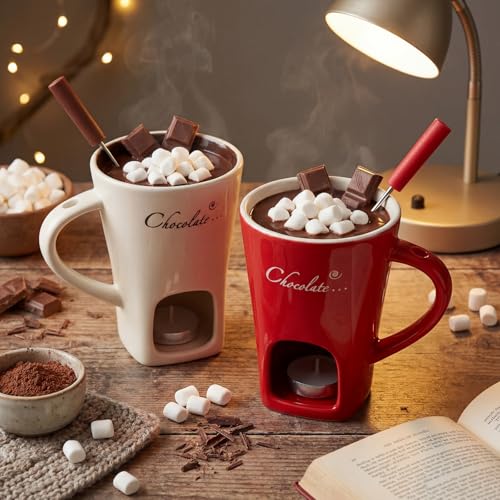 Honeydak 2 Set Chocolate Fondue Mug with Fork ＆ Candle, Red, White - color: Red, White