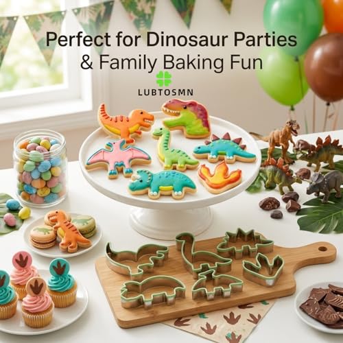 LUBTOSMN 7 Piece Dinosaur Cookie Cutters Set, Silicone Rim Baking Set