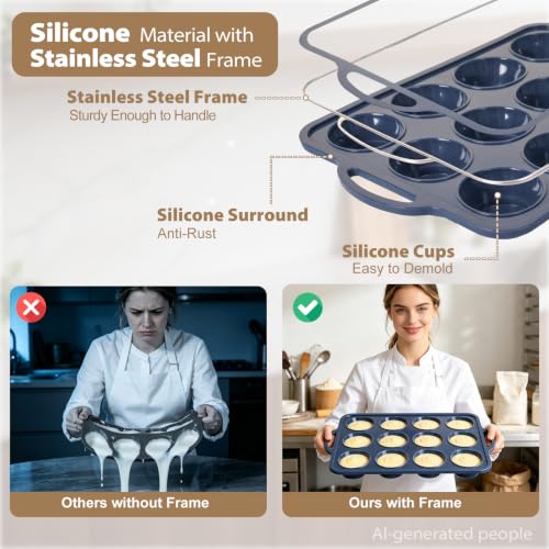 2 Pack Silicone Muffin Pan 12 & 24 with Frame Non Stick Cupcake Baking Tin - color: Gray, size: Regular & Mini: 12 Cup & 24 Cup