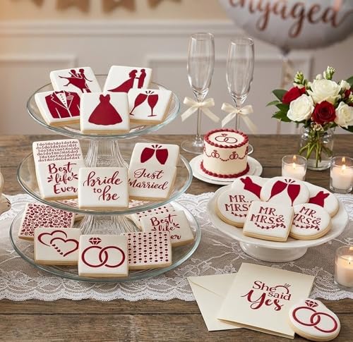 16Pcs 4x4Inches Wedding/Engagement Cookie Stencils, She Said Yes/Bride to Be/Miss to Mrs Stencil for Baking, Royal Icing, Sugar Cookie, Bridal Shower Decor, Cards Decorating Tools & Personalized Gifts