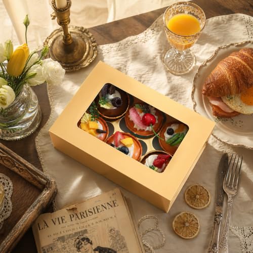 Cupcake Boxes, 4/6/8 Cupcake Containers with Window and Inserts, Cupcake Holders for Cupcakes, Muffins, Desserts, Pastries (Gold-6 count)