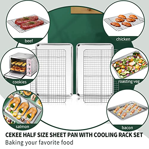 Half Sheet Pans with Rack Set [2 Pans + 2 Racks], CEKEE Stainless Half Size Large Baking Sheets with Rack -18 Inch Baking Tray Set- Rust & Warp Resistant & Heavy Duty Large Cookie Sheet - size: 18*12*1Inch