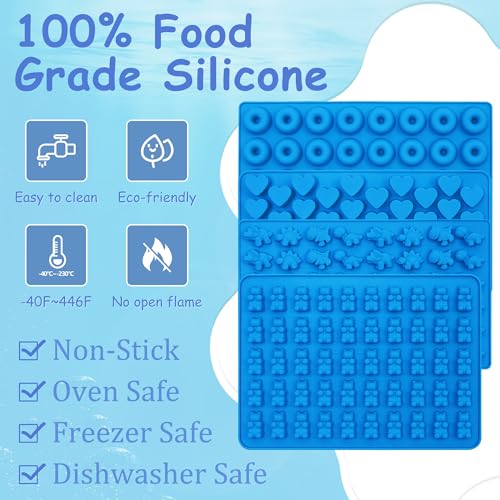Sidosir 4Pcs Gummy Candy Bear Molds, Non-stick Silicone Chocolate Mold for Dinosaur, Donut, Heart, Silicone Candy Molds with 2 Droppers - color: 4Shapes+2Droppers