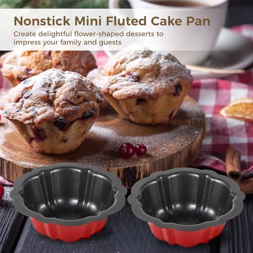 Homaisson 10PCS Mini Fluted Tube Pan, 4.5Inch Carbon Steel Mini Cake Molds, Nonstick Reusable Oven Baking Mold for Cupcake, Bread, Bavarois, Brownie (red) - color: 10+red