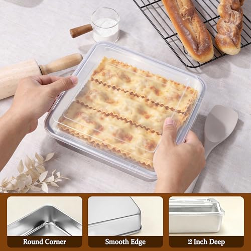 LIANYU 9 Inch Baking Pan Set with Lid, Square Cake Pan for Lasagna Brownie - size: 9 x 9 Inch