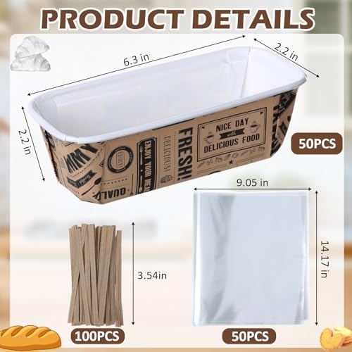 50 Sets Paper Loaf Pans for Baking 6.3 x 2.2 x 2.2 Inch Disposable Paper Baking Pans with Clear Plastic Bags and Kraft Ties Rectangle Cake Mold for Bread Sweets Tea Party (Brown Newspaper) - style: Brown Newspaper
