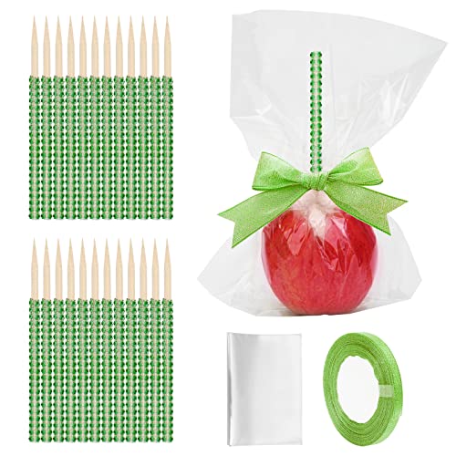 24P Candy Apple Stick Kit,Apple Rhinestone Bling Stick Wood Skewer - color: Green