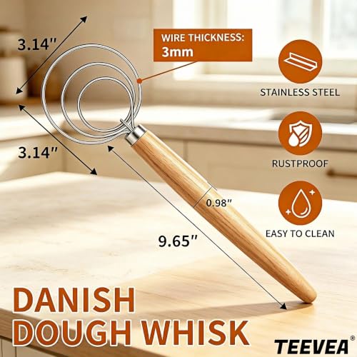 TEEVEA Danish Dough Whisk Wooden Handle Stainless Steel for Sourdough Bread - color: Rubber Wood 3-Circle