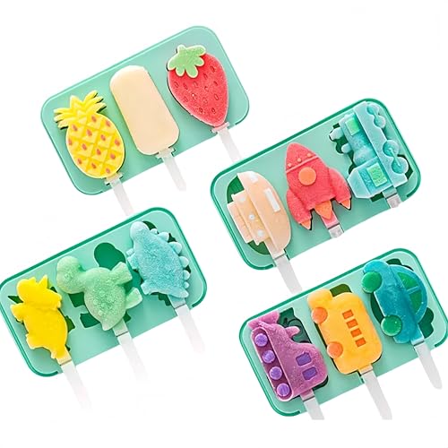 4PCS Dinosaur Popsicle Molds, Cute Silicone Kids Ice Cream Molds - color: 4 PCS（fruit*1+dinosaur*1+airplane*1+car*1)