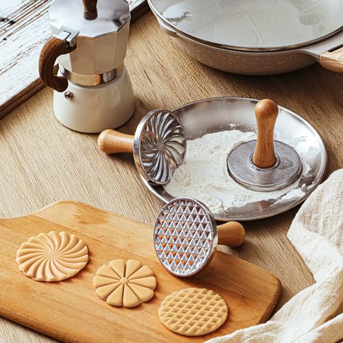 Wenqik 3 Pcs Cute Round Metal Cookie Stamp Press with Wooden Handle - style: Cute