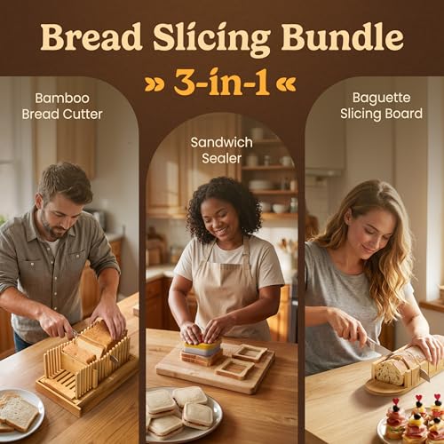 Bread Slicer Guide for Homemade Bread 3-In-1 Set: Sourdough Rounds Slicer, Baguette Cutter & Sandwich Sealer | Bread Loaf Slicing, Adjustable Bamboo Bread Cutter With Knife & Magnetic Slot - size: 3-in-1 Set (Full Kit)