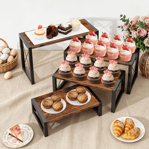 ELITEROO Wood Risers Display Stands Set of 4, Wooden 4 Tier Cupcake Stand, Tiered Riser for Vendors, Decorative Display Risers for Food Desserts Buffet Table at Party Wedding, Rustic Brown - color: 4 Tier, Rustic Brown