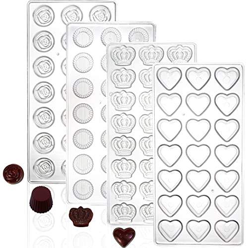 ZEAYEA 4 Pack 87 Grids Polycarbonate Chocolate Mold, Candy Making Mold, DIY Mold Cookie Tray for Mousse Jelly Candy Chocolate, Cup, Heart, Rose, Crown Shape