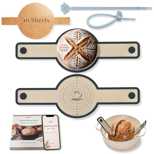 Silicone Bread Sling for Dutch Oven, 2-Pack 7.2" Long Handle Sourdough Baking Mat, 500°F Heat Resistant Dough Transfer Slings with 10 Parchment Sheets & 2 Cable Ties