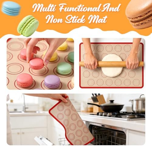 Macaron Silicone Baking Mats, 2 Nonstick Macaroon Mat Silicone, 7 Piping Tips, 2 Piping Bags, 2 Bag Ties, 2 Couplers, 1 Puff Tip, 1 Brushes, 17 Pcs Macaron Baking Kits for Macarons Cookies - color: Red