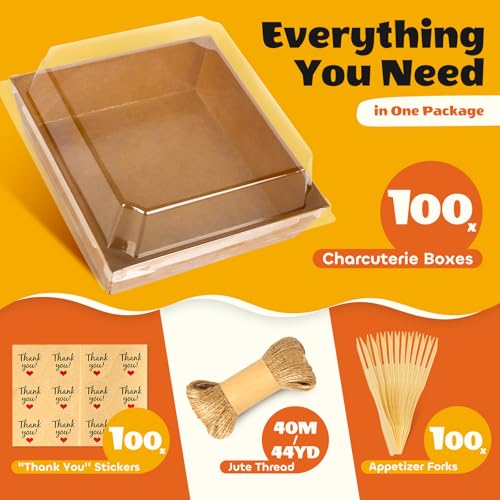 100Pcs Small Charcuterie Boxes with Clear Lid, Kraft Food Container