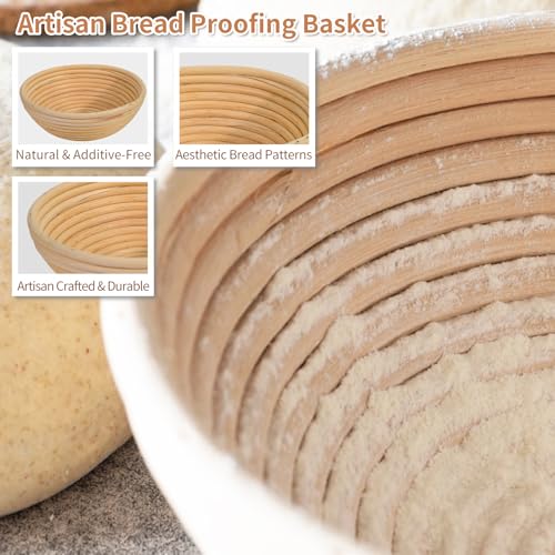 Sourdough Starter Kit with 10" Round & 9" Oval Banneton Proofing Basket and Starter Jar, Complete Sourdough Bread Baking Supplies and Baking Gifts for Women, Men, and Bread Bakers - style: upgraded Bread Proofing Basket Set
