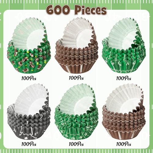 COcnny Football Mini Cupcake Liners - 600pcs Football Themed Mini Baking Cups Muffin Cupcakes Wrappers, Rugby Sport Paper Cake Wrap Making Supplies for Game Day Post-match Celebration Party (6 Styles) - style: Mini Football