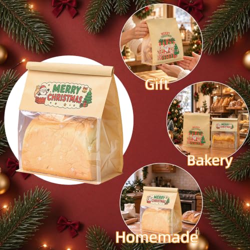 50 Pack Medium Christmas Bread Bags with Clear Window 10.3" x 6.3" x 5.1" - color: Christmas, size: Medium
