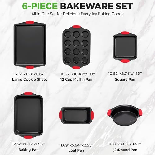NutriChef Nonstick Baking Pans Set 6 Piece | Carbon Steel Baking Pans for Oven with Silicone Handles Stackable Bakeware | Includes Cookie Sheet, Muffin, Loaf, Round and Square Pan | 446°F Max, Gray - size: Set of 6