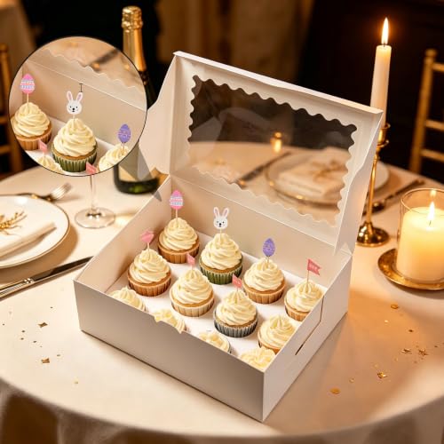 Tbestmax 20 Sets 12-Count Cupcake Boxes, 4.7 in Extra Tall Cupcake Containers with Windows & Inserts for 240 Cupcakes, White Pastry Boxes and 2 Rolls of Ribbon for Bakery, Parties, Weddings